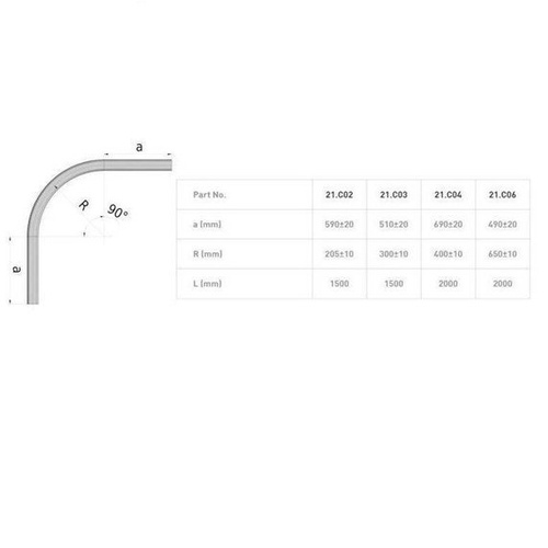 Łuk szyny nośnej kąt 90° typ 51.C03, promień 400±10mm, odcinki proste 690±20mm, stal nierdzewna A2 (AISI 304)